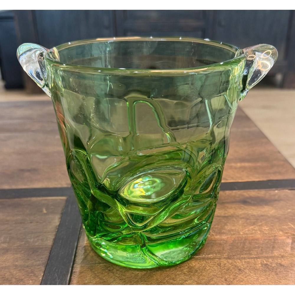 Kosno Vintage Green Handblown Glass Ice Bucket Textured Swirl MCM Barware 1960s